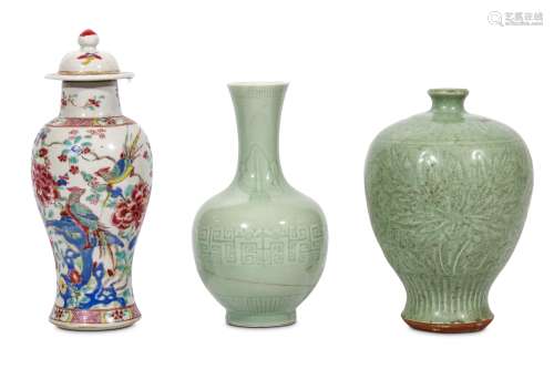 A CHINESE FAMILLE ROSE VASE AND COVER AND TWO CELADON VASES. Ming Dynasty, and later. Comprising of