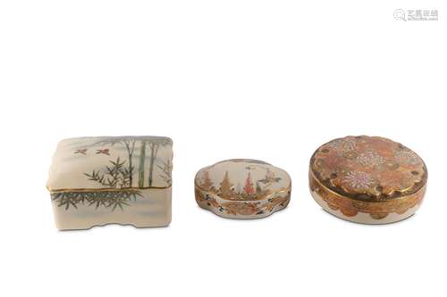 THREE SATSUMA EARTHENWARE BOXES AND COVERS. 19th Century. Each of circular,  square, and mokko