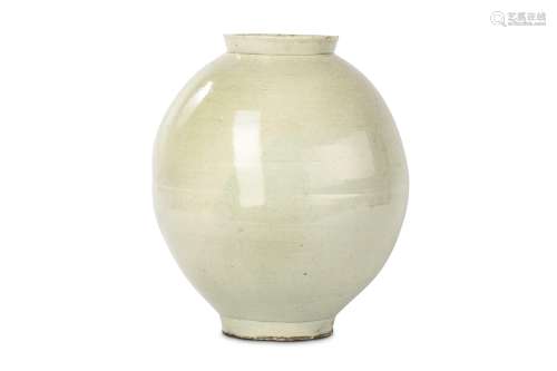 A WHITE-GLAZED MOON JAR. Korea, Choson Period. Of globular form with tall circular foot and everted