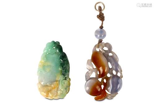 TWO CARVED CHINESE HARDSTONE PENDANTS. Early 20th Century. Comprising a jadeite squirrels and gourd