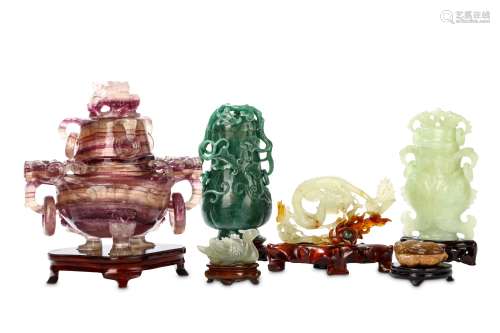 A COLLECTION OF CHINESE HARDSTONE CARVINGS. 20th Century. Comprising an incense burner and cover, a