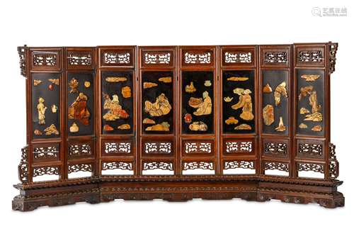 A CHINESE EIGHT-PANEL HARDSTONE-INLAID WOODEN TABLE SCREEN. Late Qing Dynasty. Each panel inlaid