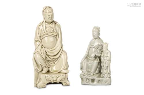 TWO CHINESE BLANC DE CHINE FIGURES OF SCHOLARS. 17th / 18th Century. One depicting Guandi seated on