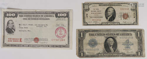 A GROUP OF US PAPER CURRENCY AND A WAR BOND