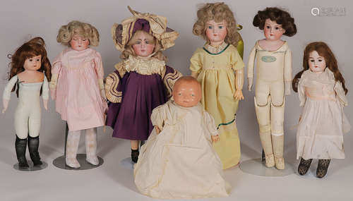 FIVE GERMAN BISQUE HEAD DOLLS