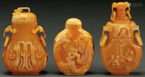 THREE CHINESE CARVED HORNBILL SNUFF BOTTLES