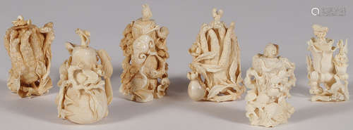 SIX CARVED CHINESE MAMMOTH SNUFF BOTTLES