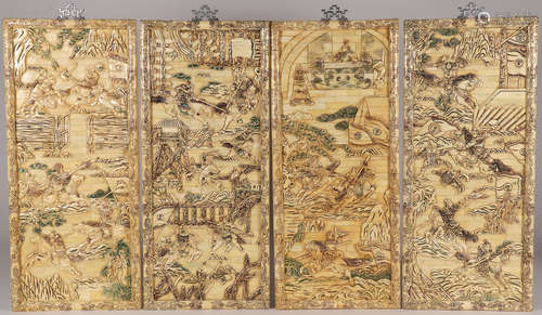 FOUR CHINESE CARVED BONE PANELS