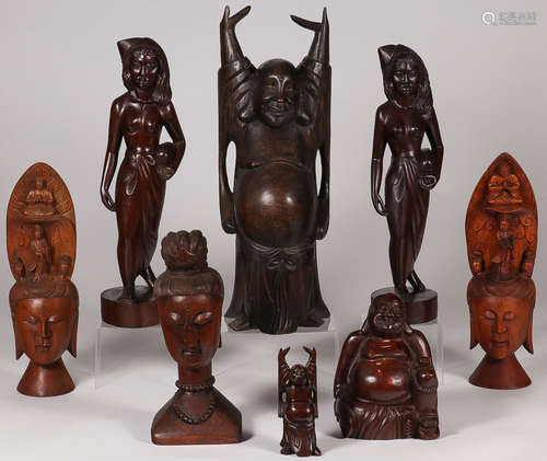 NINE ASIAN CARVED WOOD FIGURES