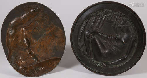 2 BRONZE RELIEF PLAQUES OF NUDES CIRCA 1890-1920