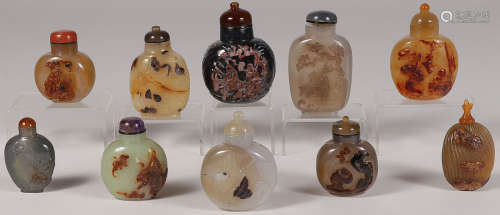 TEN CHINESE CARVED AGATE SNUFF BOTTLES