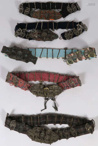 FIVE ETHNIC FILIGREE BELTS, 19TH CENTURY