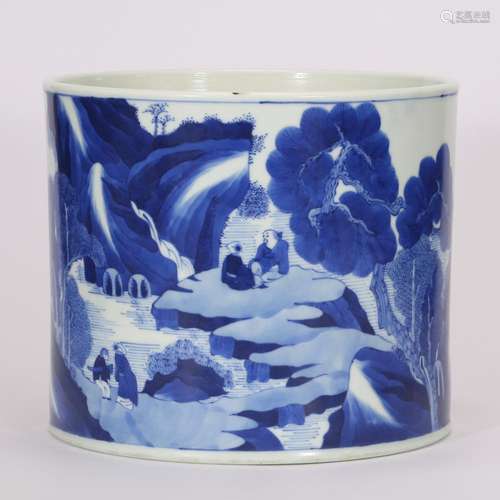 CHINESE BLUE AND WHITE PORCELAIN BRUSH POT