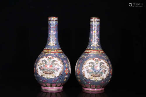 A PAIR OF FLORAL&BIRD PATTERN ENAMEL VASES