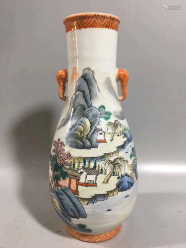 A LANDSCAPE PATTERN FAMILLE ROSE DOUBLE-EAR BOTTLE