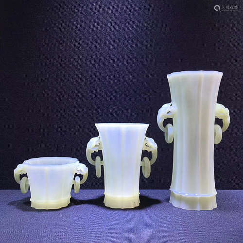 A SET OF OLD HETIAN JADE CUP DESIGN ORNAMENTS