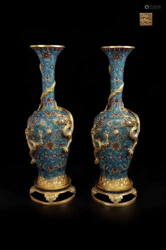 A PAIR OF CLOISONNE DRAGON DESIGN VASES