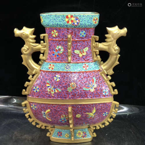 A DOUBLE-EAR COLOUR ENAMEL VESSEL