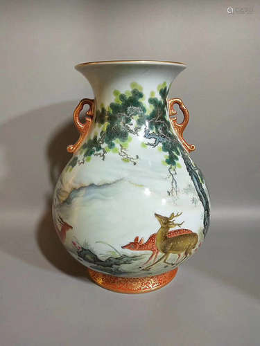 17-19TH CENTURY, A PINE TREE&DEER PATTERN DOUBLE-EAR VASE, QING DYNASTY