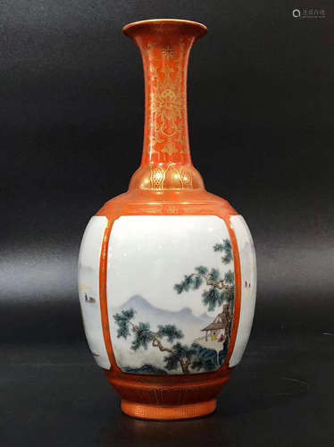 A LANDSCAPE PATTERN RED GLAZED VASE