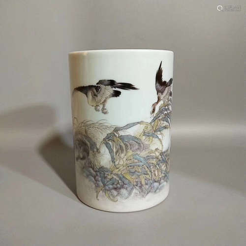 17-19TH CENTURY, A WILD GOOSE&REED PATTERN INK COLORED BRUSH HOLDER, QING DYNASTY