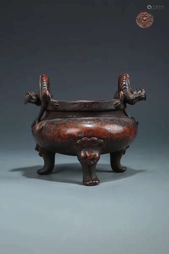 14-16TH CENTURY, A DOUBLE-EAR THREE FEET BRONZE FURNACE, MING DYNASTY