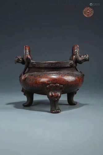 14-16TH CENTURY, A DOUBLE-EAR THREE FEET BRONZE FURNACE, MING DYNASTY