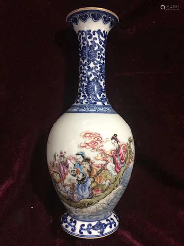 A BLUE&WHITE STORY PATTERN FAMILLE ROSE VASE