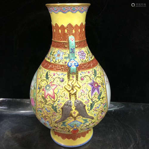 A FLORAL&BIRD PATTERN DOUBLE-EAR ENAMEL VASE