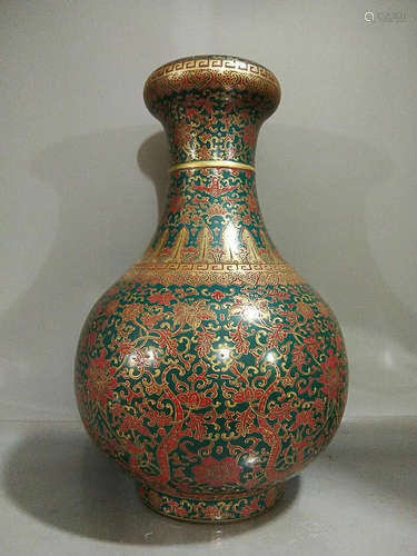 A FU PATTERN PEACOCK GREEN GLAZED BOTTLE