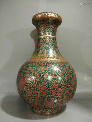 A FU PATTERN PEACOCK GREEN GLAZED BOTTLE