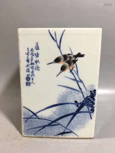 A BLUE&WHITE BIRD AND FLORAL PATTERN SQUARE BRUSH POT
