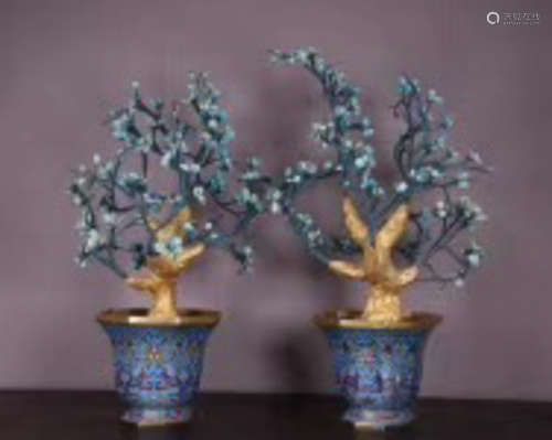 A PAIR OF TURQUOISE PLUM BLOSSOM POTTED LANDSCAPE