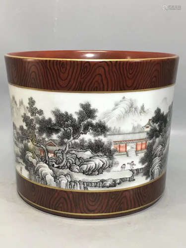 A LANDSCAPE PATTERN IMITATION WOOD BRUSH POT