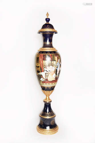 An Extra Large European Cobalt Blue Porcelain Vase with Portraits of Ladies and Musicians, Mounted with Gilt Bronze Edges and Filigrees