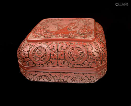 [Chinese] A Cinnabar Lacquered Round Edge Wood Box Carved with Kirin and Interlocking Flowers