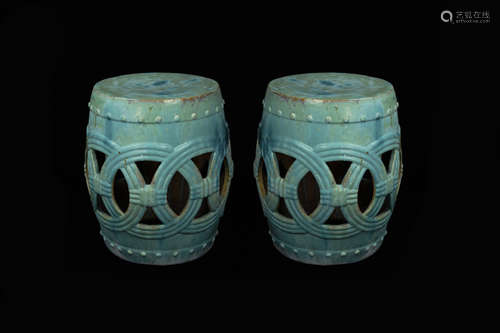 A Pair of Old Chinese Flambe Glazed Pottery Stools with Hollow-Out Coin Pattern