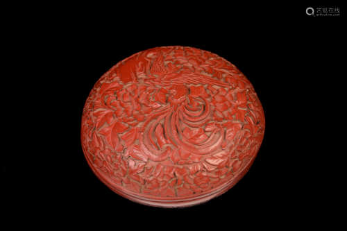 [Chinese] A Cinnabar Lacquered Wood Round Box Carved Phoenix and Peonies