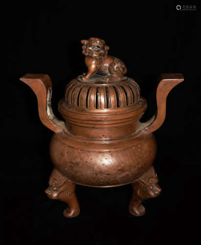 A Chinese Copper Incense Burner with Lion Lid and Beast Legs, marked as 