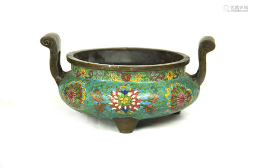 19th Century Small Cloissone Enamel Incense Burner with Intertwined florals, marked as 
