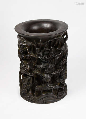 A Padauk (Zitan) Wood Brush Pot Carved with Flying Dragon