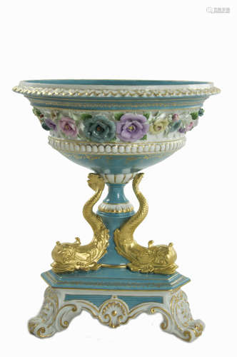An European Porcelain Compote with Gilt Greek Dolphins