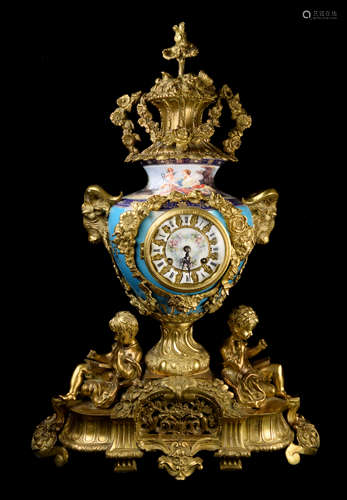 A 72cm Large Continental Porcelain Mantle Clock with Gilt Bronze Figurines