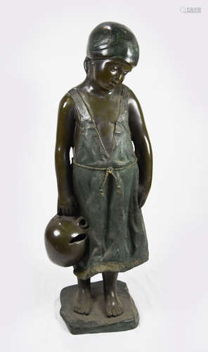 Bronze Statue of a Girl with Brocken Urn, Signed 