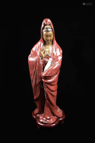 An Old Chinese Shiwan Pottery Guanyin Figure, marked 