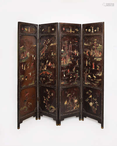 A 19th Century Old Hardwood Folding Screen with 4 Panels Studded with Jades