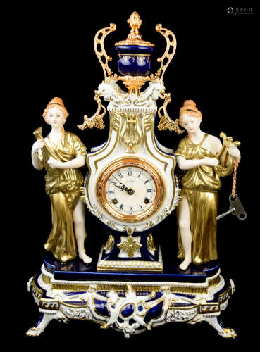 A Continental Porcelain Clock with Two Musical Ladies