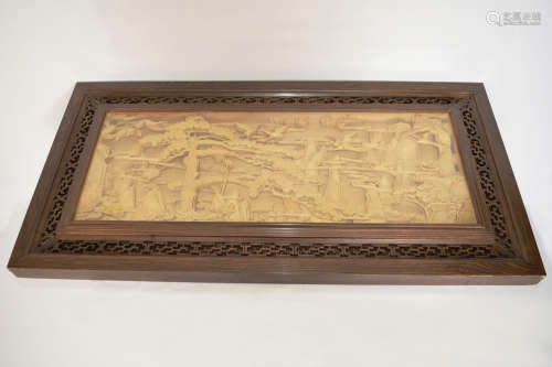 [Chinese] A Large Boxwood Carved Mountain Scene with Frame