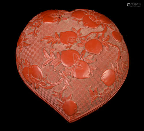 [Chinese] A Cinnabar Lacquered Peach Shape Wood Box Carved with Peaches on Branch