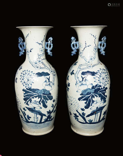 A Pair of Republic Era Chinese Blue and White Porcelain Vases Painted with Flowers of Four Seasons